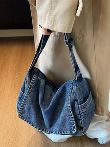 Borsa a tracolla vintage in denim blu con tracolla regolabile e grande capacità interna