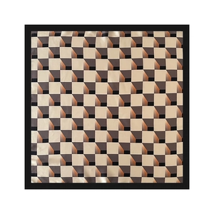 Detail of square silk scarf showing 3D geometric cube patterns with black borders