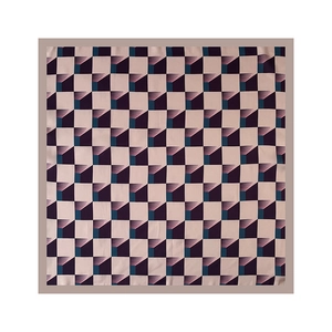 Close-up of geometric checkerboard silk square scarf with pink and purple 3D patterns