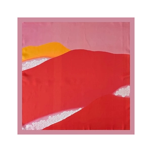 Abstract oil painting style square silk scarf with vibrant red and orange mountain landscape