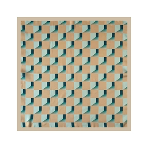 Detail of 3D geometric cube pattern on a luxury satin square scarf with beige border