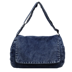 Retro denim shoulder bag in dark blue with adjustable strap and large capacity