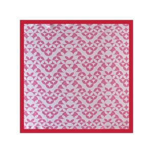 Pink and white geometric pattern square silk scarf with bold red border for women