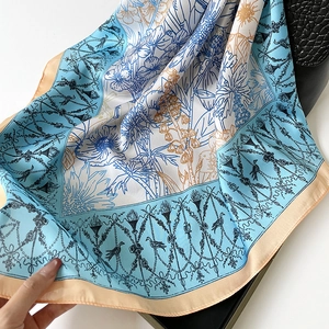 Sky blue and beige satin square silk scarf with vintage floral and bird prints