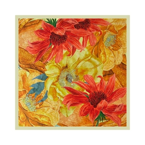 Detail of artistic hand-painted sunflower and floral pattern on vintage satin square scarf