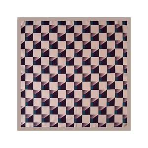 Elegant geometric 3D cube pattern silk square scarf with pink border on white background