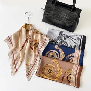 Elegant silk-like square scarf featuring classic chain print in four vintage colorways