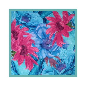 Detailed pattern of a square satin scarf with artistic blue and rose floral prints