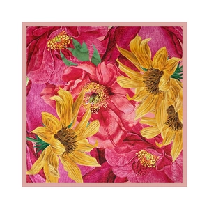 Macro shot of vibrant sunflower and rose floral print on a square satin silk scarf