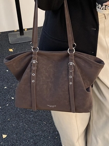 Dark brown minimalist faux leather tote bag with large capacity and dual shoulder straps
