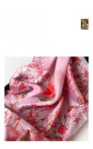 Detailed macro view of the floral pattern on a soft pink silk scarf fabric texture