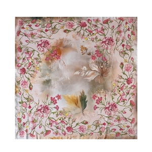 Close-up of pink and beige rose floral print on high-quality silk square scarf