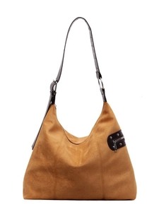 Brown suede hobo bag with dark leather patches and silver metal hardware details