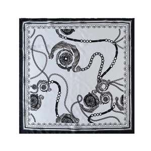 Classic black and white silk square scarf with vintage chain and equestrian prints