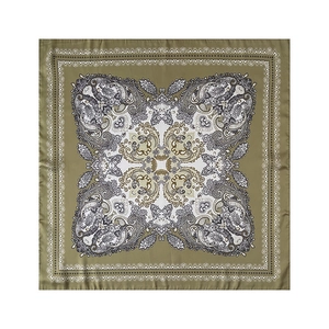 Detail of square paisley scarf with olive green border and satin silk texture
