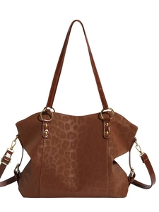 Brown leopard print suede tote bag with gold hardware and detachable shoulder strap