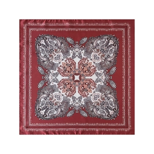 Detailed top view of a wine red paisley pattern square scarf with a satin glossy finish