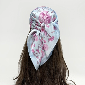 Women Elegant Rose Floral Print Square Satin Scarf Retro Silk Like Neck Scarf Fashion Head Wrap Hair Accessory