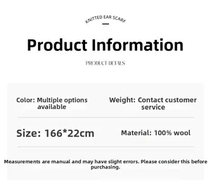 Specifiche dettagliate della sciarpa in maglia 100% lana con dimensioni 166x22cm e consistenza
