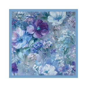 Detailed view of floral oil painting art print on smooth square silk scarf fabric