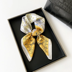 Elegant yellow and white satin square scarf with vintage blue floral chain patterns