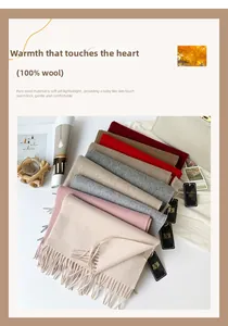 Close-up showing 100% Australian wool scarves in multiple colors with tassel details