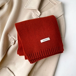 Dettaglio della sciarpa in pura lana rosso arancio con un cappotto beige in stile autunno