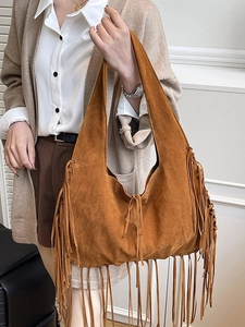 Vintage Bohemian Faux Suede Tassel Shoulder Bag Large Capacity Hobo Tote Bag For Women Daily Casual Fringe Handbag