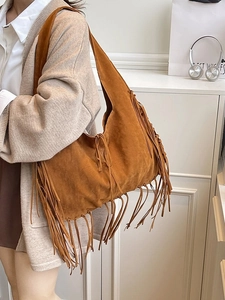 Brown faux suede fringe tote bag bohemian style large shoulder hobo bag for women