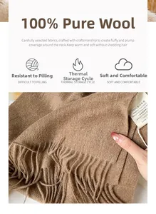 Detailed macro view of 100% Australian wool scarf featuring soft fringe and caramel brown texture