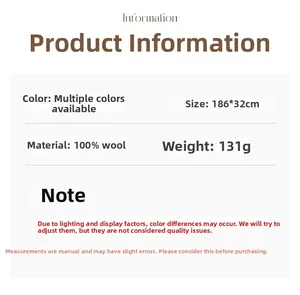 Detailed specifications chart for 100% Australian wool scarf, size 186x32cm, 131g weight