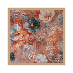 Detail of oil painting floral pattern on silk scarf with vintage peonies and green leaves