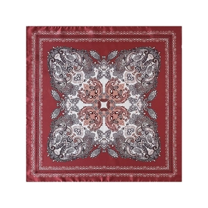 Red paisley pattern square silk scarf with symmetrical floral design on white background