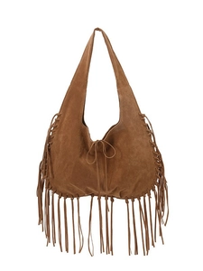 Vintage brown suede fringe hobo bag with bohemian woven details and large capacity