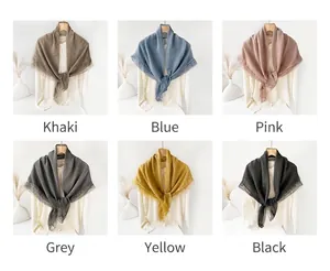 Lace trim linen scarves set showing khaki, blue, pink, grey, yellow, and black colors