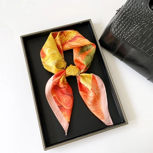 Artistic sunflower floral print square silk scarf in warm orange and yellow shades