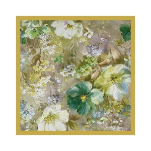 Elegant square silk scarf featuring a floral oil painting print and golden border trim