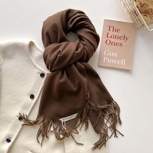 Détail d'une écharpe marron aspect cachemire avec franges et accessoires en maille