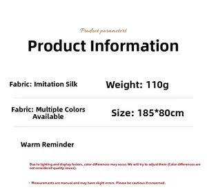 Specifications for the 185x80cm silk satin scarf including 110g weight and material info