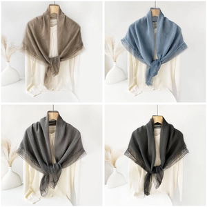 Women Elegant Solid Color Lace Trim Shawl Scarf Lightweight Breathable Polyester Cotton Blend Square Wrap For Travel Daily Office