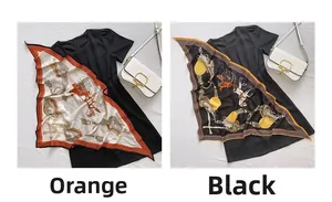 Detail of vintage carriage print scarves in orange and black with smooth silk texture