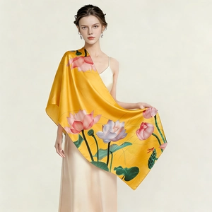 Elegant Satin Silk Scarf Women Sun Protection Beach Towel Lotus Floral Print Shawl Long Wrap Fashion Accessory Gift