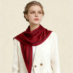 Detailed close-up of wine red silk satin scarf with black border on model neck