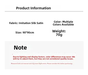 Specifications chart for 90x90cm faux silk satin square scarf with weight and size details