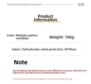 Specifications for 90x90cm herringbone silk scarf with double-sided print detail
