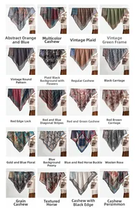 Detailed grid showing twenty vintage paisley and floral patterns on silk feel scarves