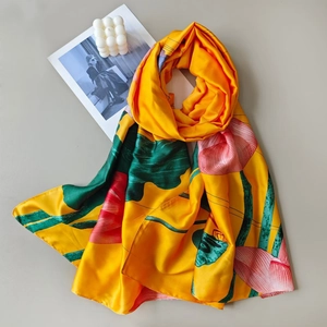 Fashionable floral silk scarf with yellow base and red lotus prints for sun protection