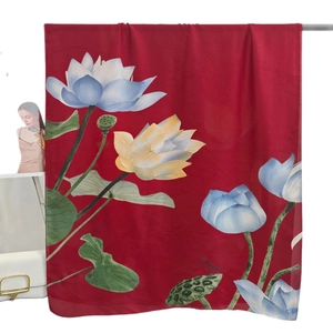 Red silk beach shawl featuring elegant lotus print and traditional dragonfly patterns