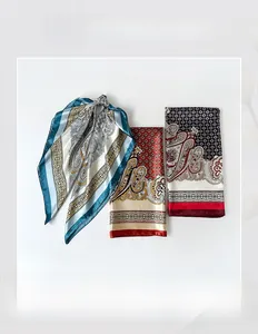 Three 90cm paisley satin square scarves in blue, red, and brown with vintage patterns