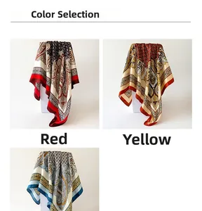 Detailed close-up showing red, yellow, and blue paisley pattern satin square silk scarves
